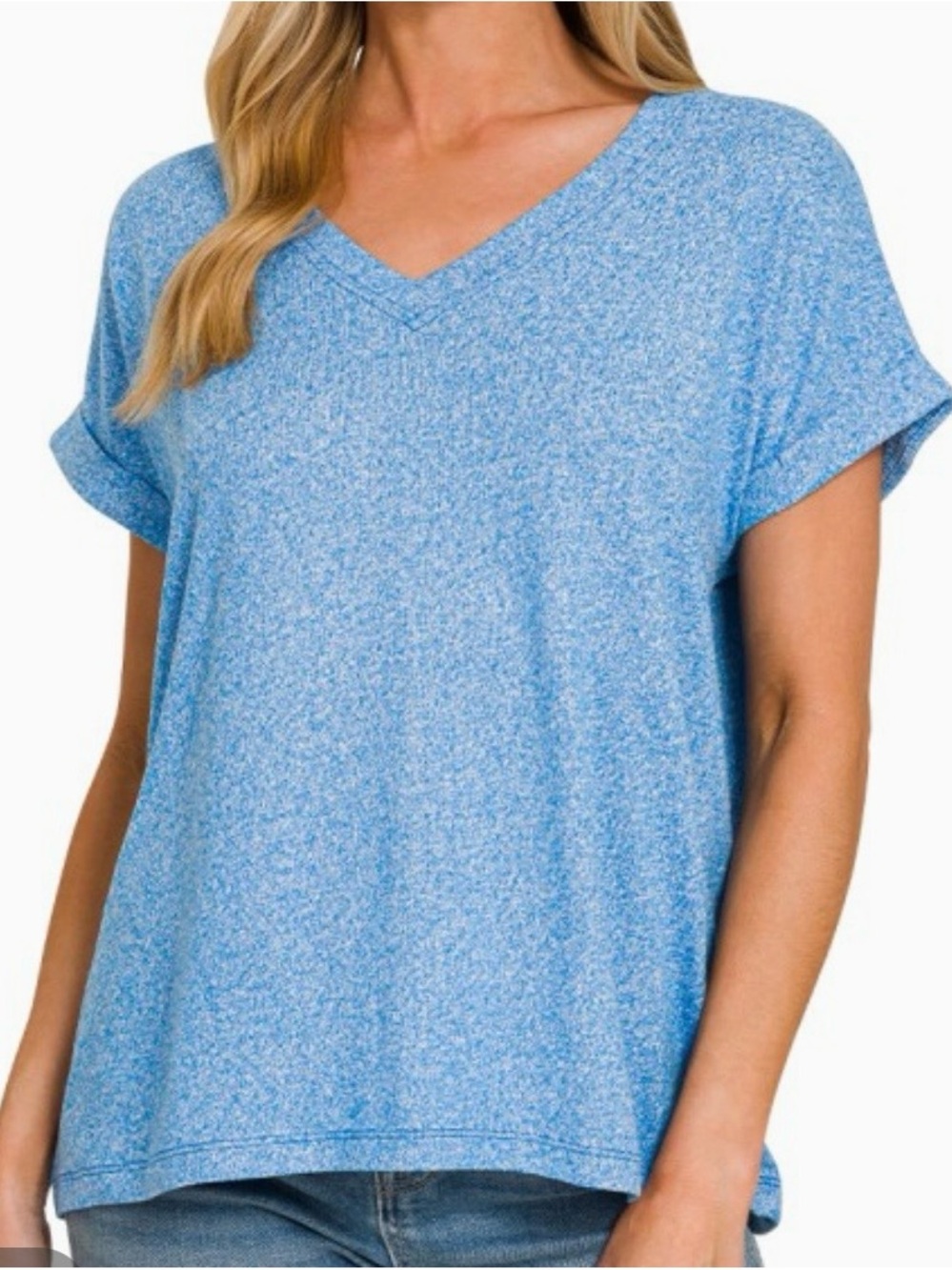 Zenana Outfitters Hacci Heathered Light Blue V-Neck Short Sleeve Top